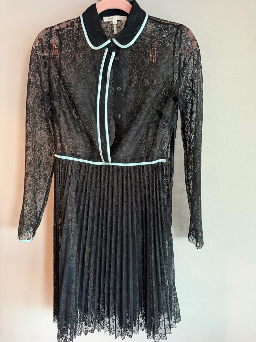 Maje Black Floral Lace Pleated Mini Dress Blue Trim Collared Long Sleeve Size 1